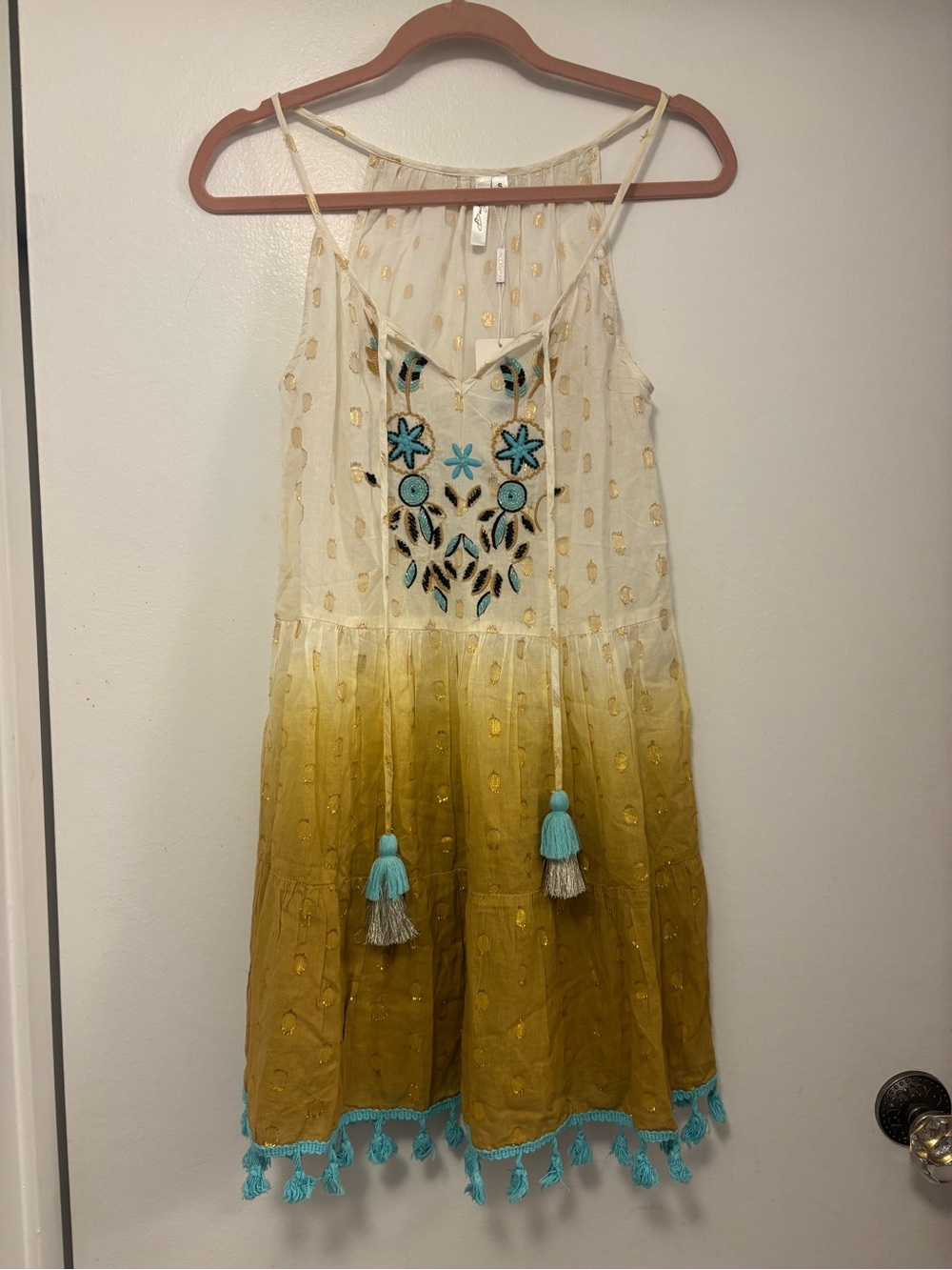 New festival boho Cream to yellow Ombre Mini Dress with Turquoise Tassels - Picture 1 of 6